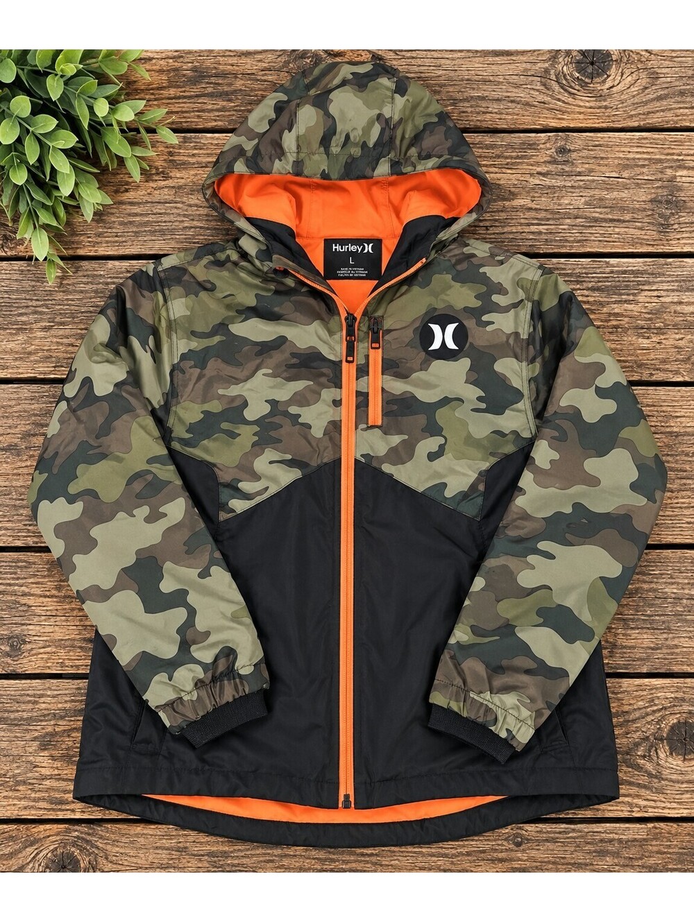 Large Hurley camo hooded jacket